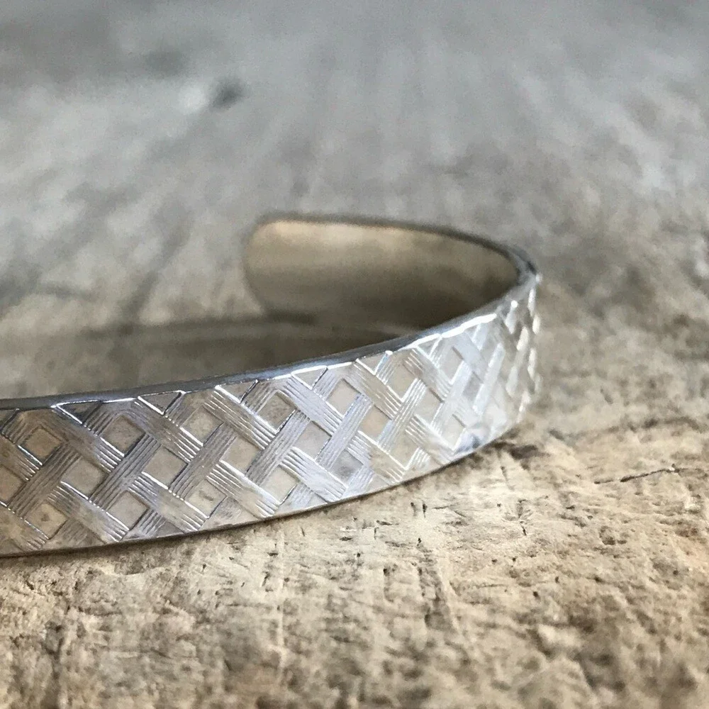 Shiny Sterling Silver Plaid Tartan Open Cuff Bangle Handmade 9.5mm Wide